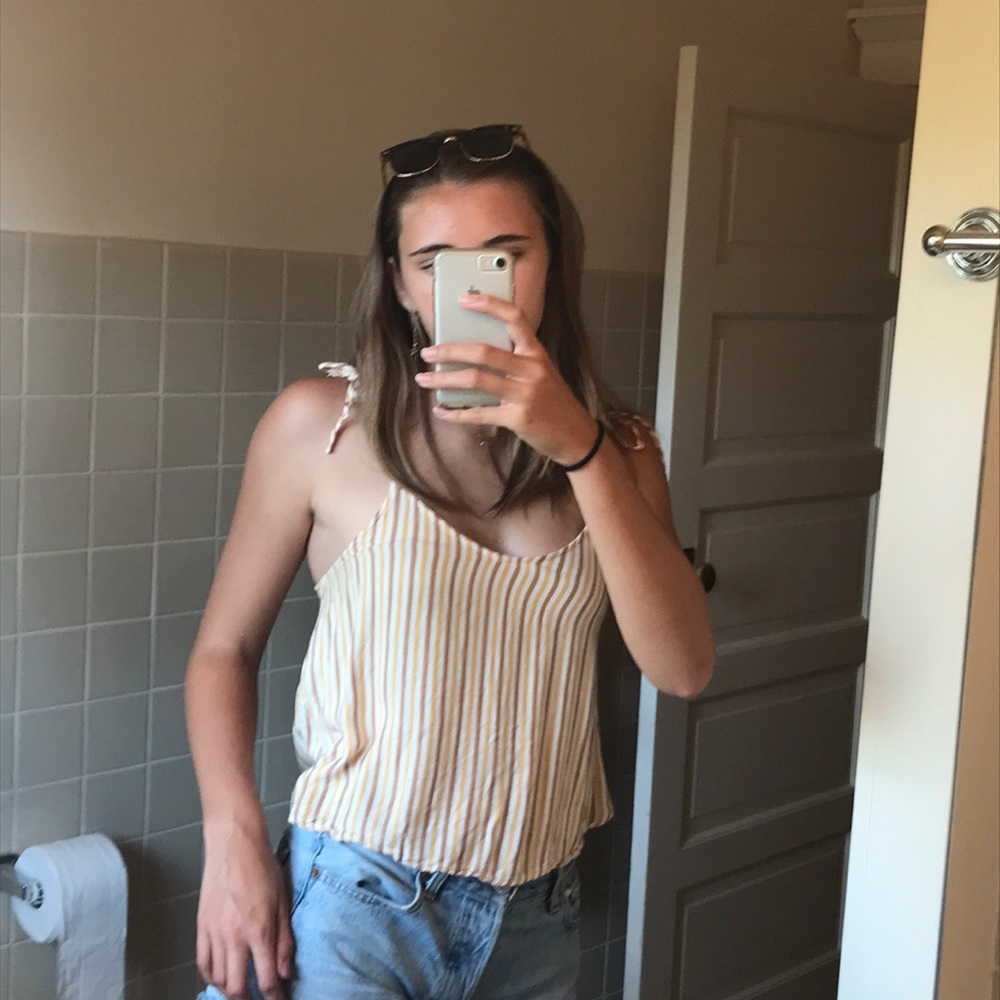 yellow brown and white striped tank top